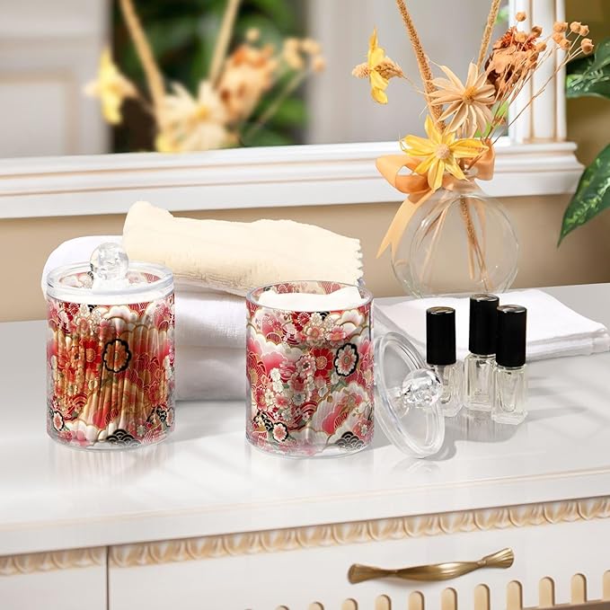 2 Pack Qtip Holder Organizer Dispenser Japanese Flowers Pattern Bathroom Storage Canister Cotton Ball Holder Container for Cotton Pads/Swabs/Floss