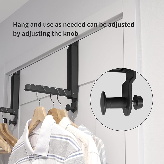 RFOUO Clothes Drying Rack Foldable Fit Door up to 1 3/8" Optimal 2pc,Over The Door Hanger with Retractable Rod,Over The Door Hanger Hooks for Laundry Bathroom Bedroom Travel Hangers(Black, 2 Pack)