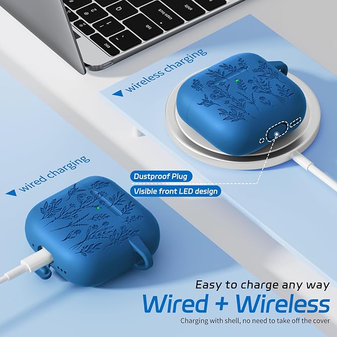 for Airpods 4 Case, Ekoonpft Flower Engraved Cases for Apple AirPods 4th Generation 2024, Soft Silicone Cover for Women Girly with 3-in-1 Cleaner Kit, Keychain, Military Grade Protection