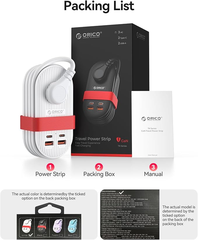 ORICO 22.5W Travel Power Strip, 7 in 1 Charging Station with 3AC, 2 USB-A, 2 USB-C, 4ft Extension Cord, Flat Plug Fashion Essential for Cruise Ship/Travel/Home/Office/Dorm - TK22
