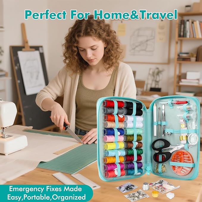 198pcs Sewing Kit for Adults Portable Travel Sewing Set,Dorm Room Essentials for Girls, Including Emergency Repair Tools Such as Needle and Thread, Scissors, Marker pens Needle and Thread kit (Mint)