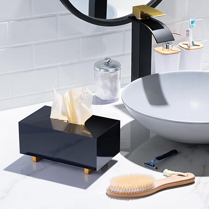 YoBa Thick Black Acrylic Tissue Box Holder Rectangular Tissue Box Dispenser with Gold Plated Aluminum Legs for Bathroom, Kitchen, Bedroom, Office, Hotel and Restaurant