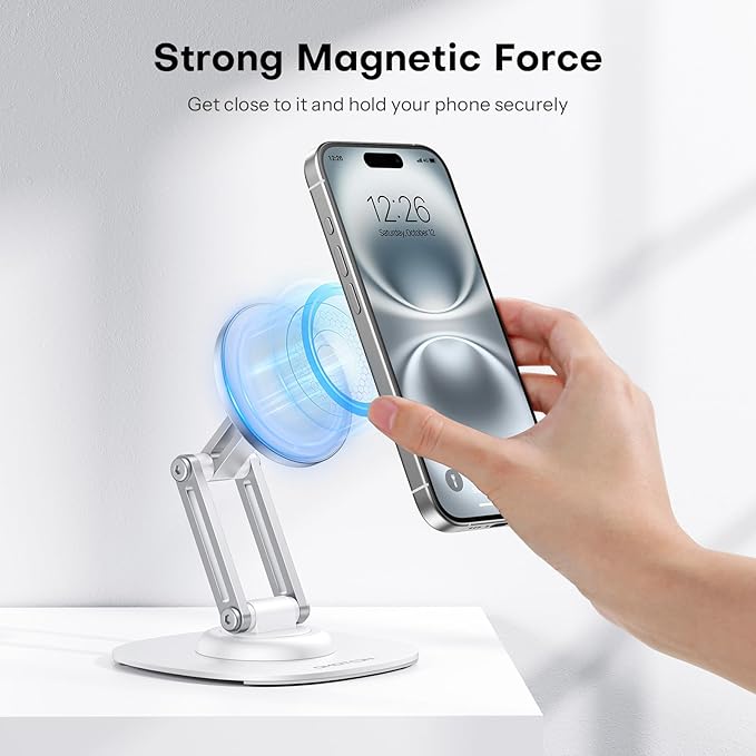 OMOTON 360°Rotating Magnetic Phone Stand for Desk, Adjustable Foldable Aluminum for MagSafe Cell Phone Stand Holder with Non-Slip Base, for iPhone 17/16/15/14 Pro Max Air/MagSafe Case, White