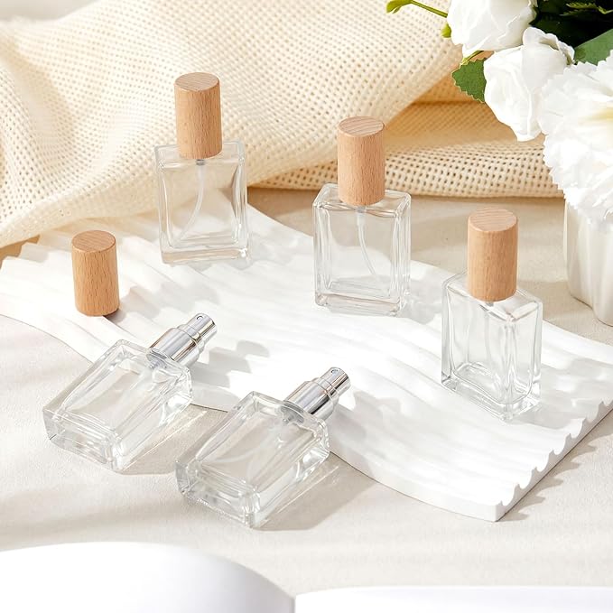 Domensi 30 Pcs 10/15/30/50 ml Glass Perfume Bottles Mini Glass Empty Spray Atomizer Bottles Bulk Refillable Perfume Dispenser Container with Pump Tool for Travel Skin Care (30 ml,Light Woddy Color)