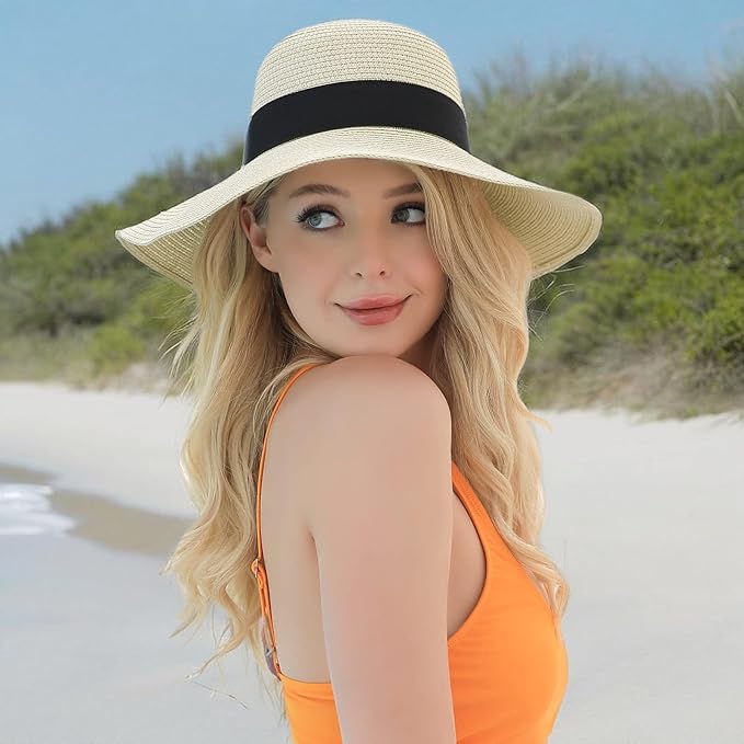 Beach Hat for Women, Wide Brim Sun Straw Hats for Women, Sun Hat Womens UPF 50+ UV Protection, Floppy Foldable Summer Hats