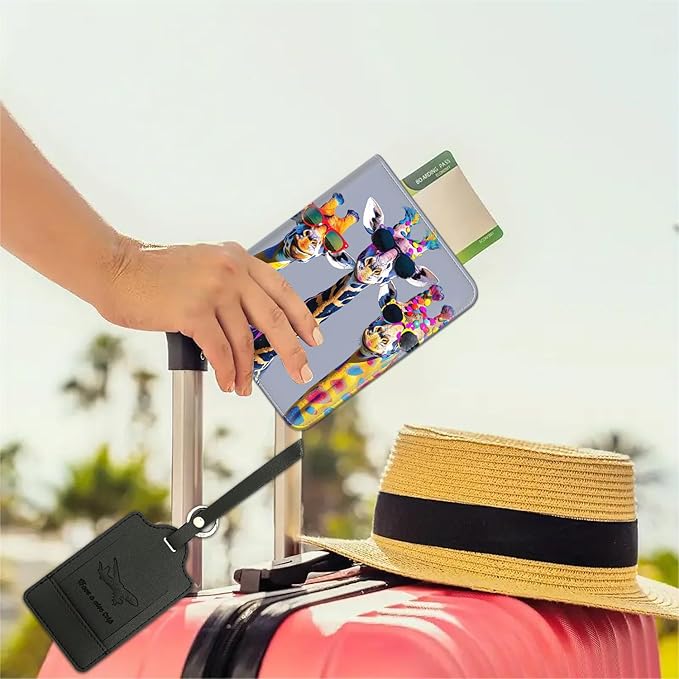 Passport Wallet, Passport Holder with RFID Blocking and Luggage Tag, Waterproof PU Leather Travel Documents Organizer Case, Passport Covers with Card Slot for Women & Men, Cool Giraffes Passport Book