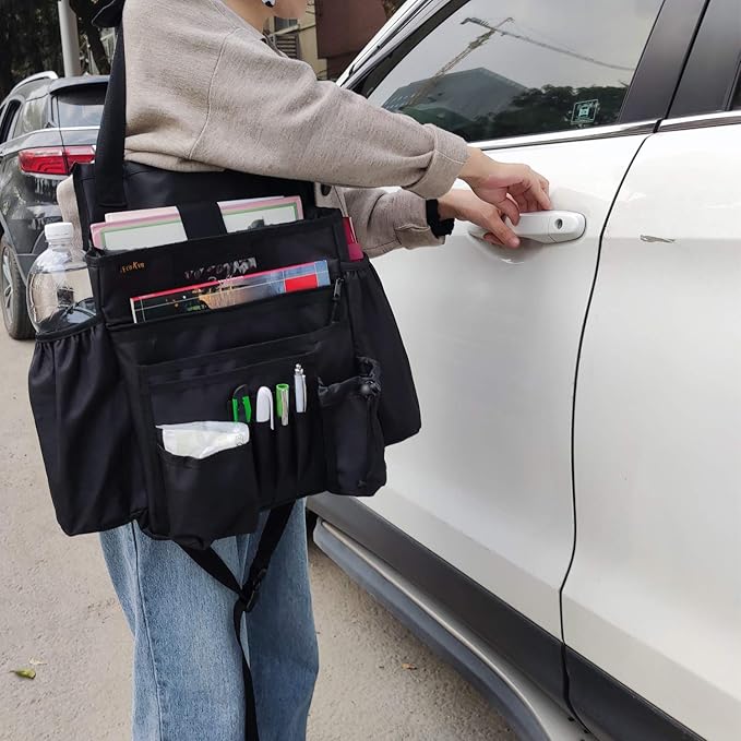 ECWKVN Car Front & Back Seat Organizer with Dedicated Tablet/Laptop Compartment, Passenger Seat File Storage with Cup Holder, Adjustable Backrest, and Padded Shoulder Strap