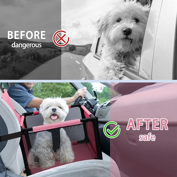 Dog Car Seat Foldable Dog Car Booster Seat Waterproof Breathable Oxford Travel Bag for Small to Medium Dogs, Puppies, and Pets-Pure Pink-Upgrade