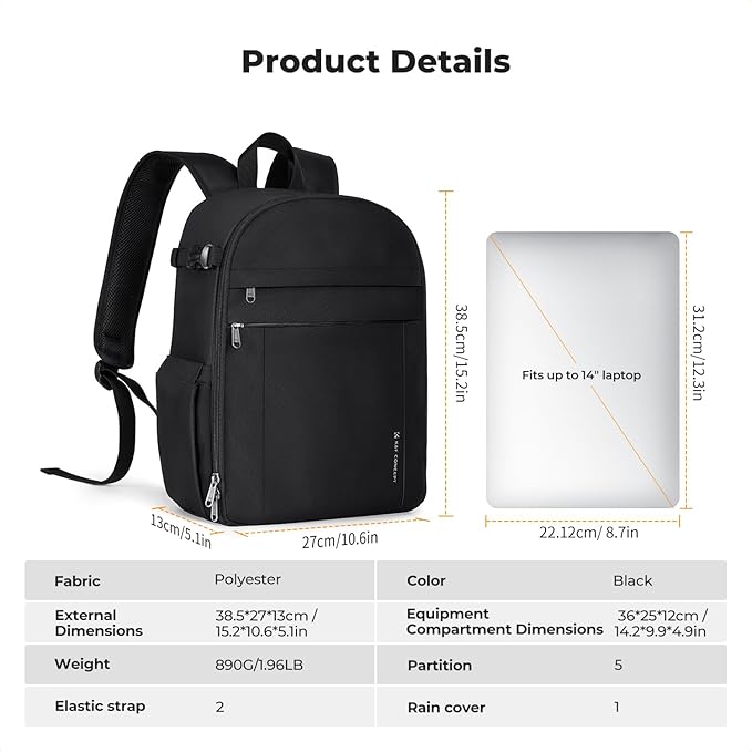 K&F CONCEPT Lightweight Camera Backpack Bag, Professional Photography Bag Compatible with Canon/Nikon/Sony Camera and Lens Accessories, Camera Case with Tripod Strap & Rain Cover