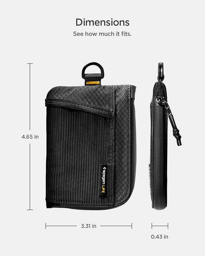 Spigen Life for Soft Material Card Wallet, RFID Blocking Slim EDC Wallet with Mesh Pocket, D-Ring Strap, Waterproof YKK Zipper, Lightweight Everyday Carry Card Holder - Black