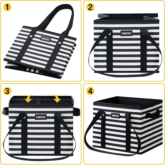 Reusable Grocery Bags 3 Pack - Heavy Duty Reusable Shopping Bags with Hard Bottom & Long Handles, Foldable Utility Tote Bag with Box Shape to Stand Up, 13x10.23x11in, Stripe Black