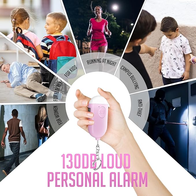 Personal Alarm Siren 5-Pack - 130dB Self Defense Alarm Keychain, Rechargeable with Emergency LED Flashlight - White, Touch Control
