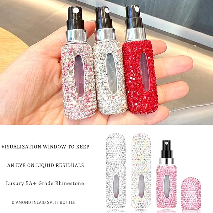Perfume Spray Bottle 5ML 2PCS White&Pink Bling Rhinestone Empty Portable Travel Fine Mist Refillable Mini Spray Dispensers for Perfume, Essential Oil