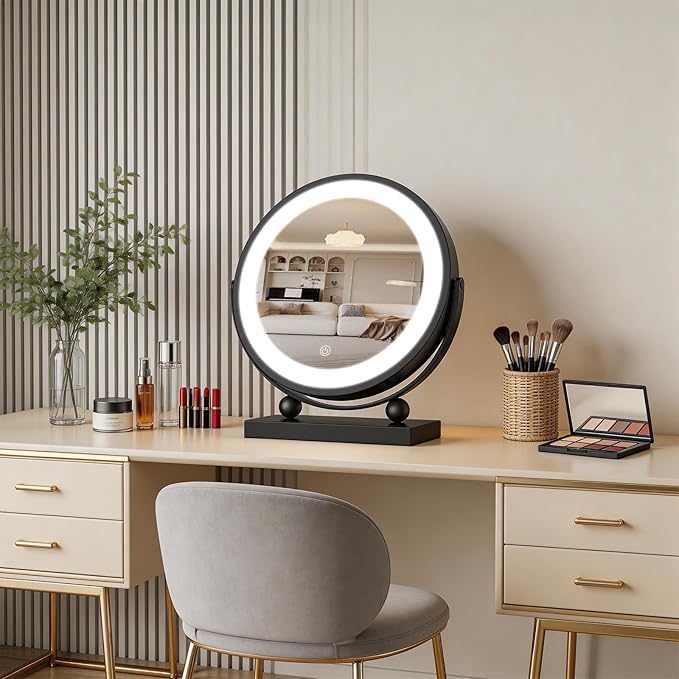 Travel Makeup Mirror, 9" Small Vanity Mirror with Lights, 1500mAH Battery, 3-Color Lighting, Dimmable, 360° Rotation, Round Portable Desk Mirror, Travel Essentials (Black)