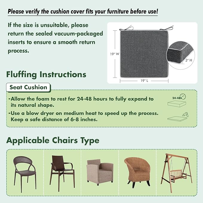 MIULEE Dark Grey Outdoor Chair Cushions Set of 2, 19x19x3 Inch Waterproof Patio Seat Cushions for Outdoor Furniture Couch Sofa, 3 Year Color Fastness High Density Foam with Adjustable Ties