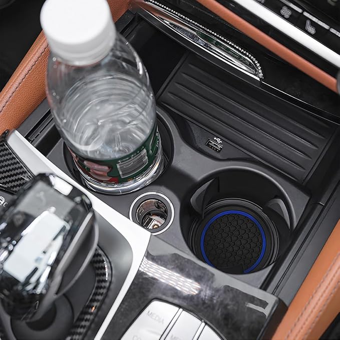 Mandark 4PCS Car Cup Holder Coasters, 2.75 Inch Non-Slip Insert Water Bottle Holder Pads, Dustproof Automotive Interior Accessories Mat, Universal for Vehicles, Trucks, RVs and More(Black/Blue)
