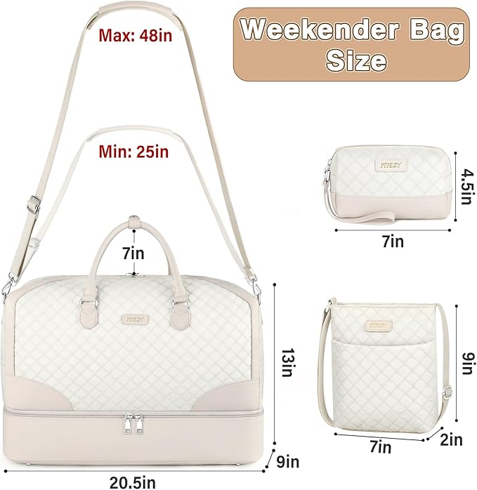 ITIEZY Weekender Overnight Bag for Women - Large Travel Duffel Bag with Shoe Compartment, Gym Duffel Bag Hospital Bag Carry On Tote Bags for Airplanes with Crossbody Bag Toiletry Bag 3Pcs Set