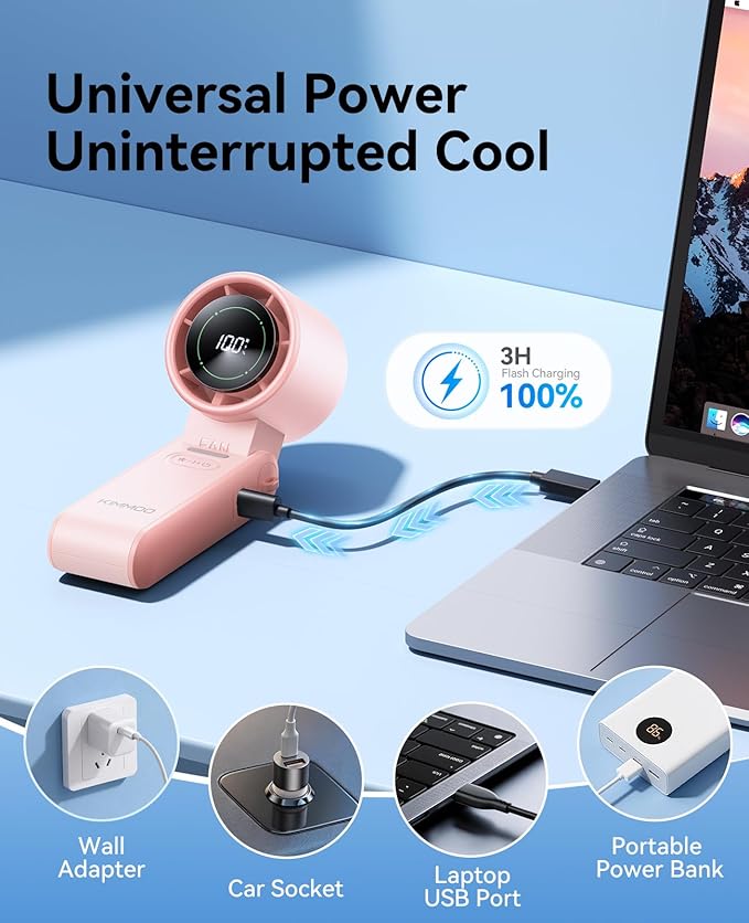 KIMMOO 2 Pack Pink Portable Handheld Turbo Fan-100 Speeds,Powerful 20000 RPM, 12Hrs Cooling, USB Rechargeable Mini Hand Held Personal Fan for Travel Makeup Outdoor Indoor