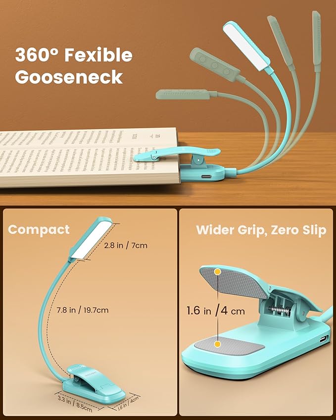 Glocusent 13 LED Rechargeable Book Light for Reading at Night, Eye-Caring 3 Amber Colors & Stepless Dimming, Lasts 1 Week to 2 Months, Travel Clip on Lamp, Gifts for Book Lovers, Men, Women & Kids