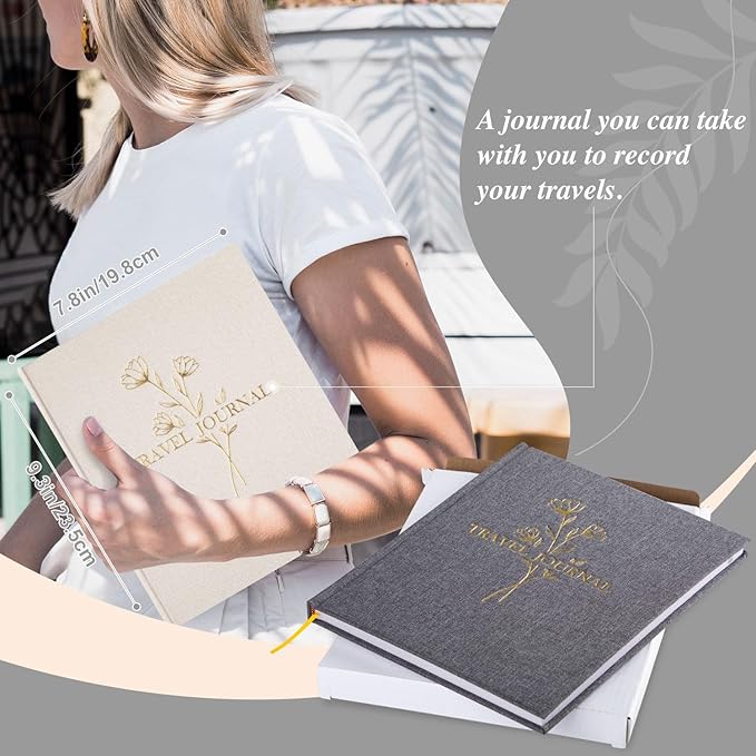 Lanpn Travel Photo Journal Notebook for Women Men, Linen Travel Log Diary Scrapbook Memory Book with Prompts, Anniversary Journals Traveling Gifts (Beige, 110 Pages)