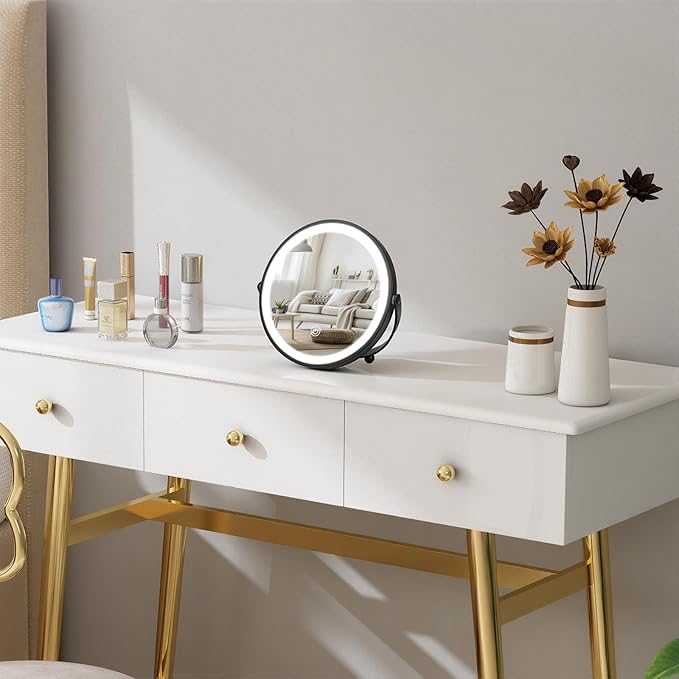 Vanity Mirror with Lights, 8" LED Makeup Mirror Built-in 1500mAH Lithium Battery, HD Professional Mirror, Smart Touch with 3-Color Lighting, Dimmable, Lighted Up for Makeup Desk, Travel (Black)