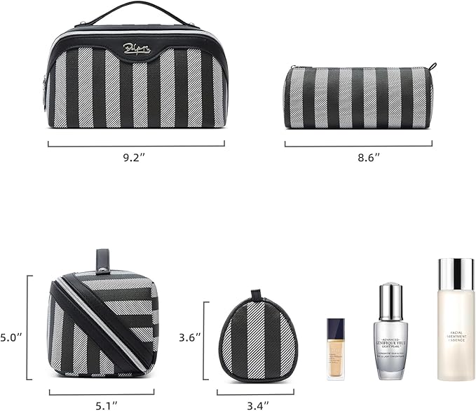 BOYATU Travel Makeup Bag Cosmetic Bag for Women: 3 Pcs Set Striped Make up Bag with Compartments - Waterproof Vegan Leather Toiletry Bag with Handle - Makeup Organizer for Travel Essentials(A-4-Black)