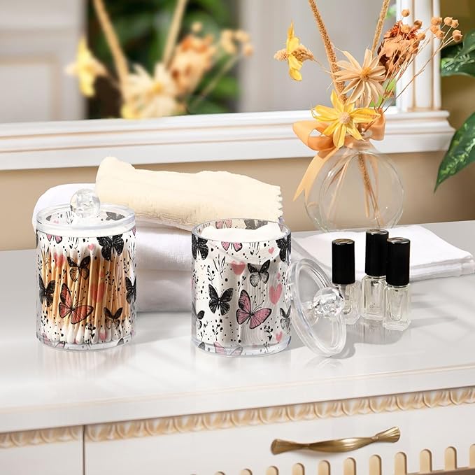 2 Pack Qtip Holder Organizer Dispenser Black Pink Butterflies Hearts Bathroom Storage Canister Cotton Ball Holder Container for Cotton Pads/Swabs/Floss