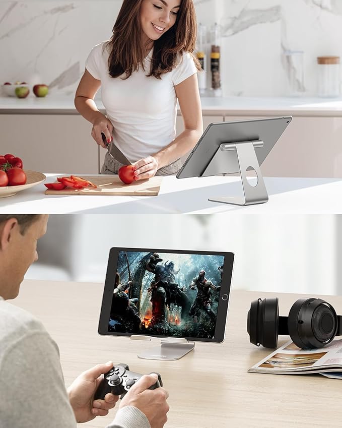 OMOTON Tablet Stand Holder Adjustable, T1 Desktop Aluminum Tablet Dock Cradle Compatible with iPad Air/Mini, iPad 10.2/9.7, iPad Pro 11/12.9/13, Samsung Tab and More Up to 13 inch, Silver
