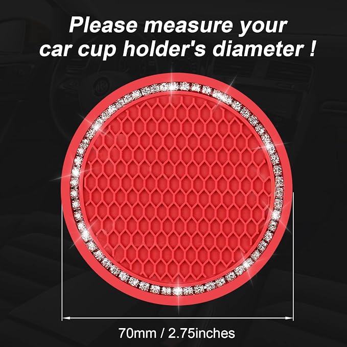 Yousheng Bling Car Cup Coasters, Crystal Car Cup Holder Coaster, Rhinestone Universal Vehicle Anti Slip Car Insert Coaster, Suitable for Most Car Interior, Car Bling Accessories for Women, Red