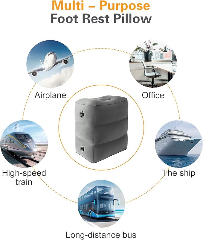 Sunany Inflatable Foot Rest Pillow for Airplane Travel, Adjustable Height for Kids/Adults to Sleep While Traveling, Suitable for Airplane, Office, Home, Trains, Cars and Any Travel(Dark Grey)