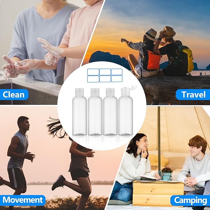 DTDNZKN 4 Pack 3.4 Oz (100ml) TSA Approved Travel Bottles for Toiletries, Leak Proof Plastic Travel Essentials Accessories with Labels