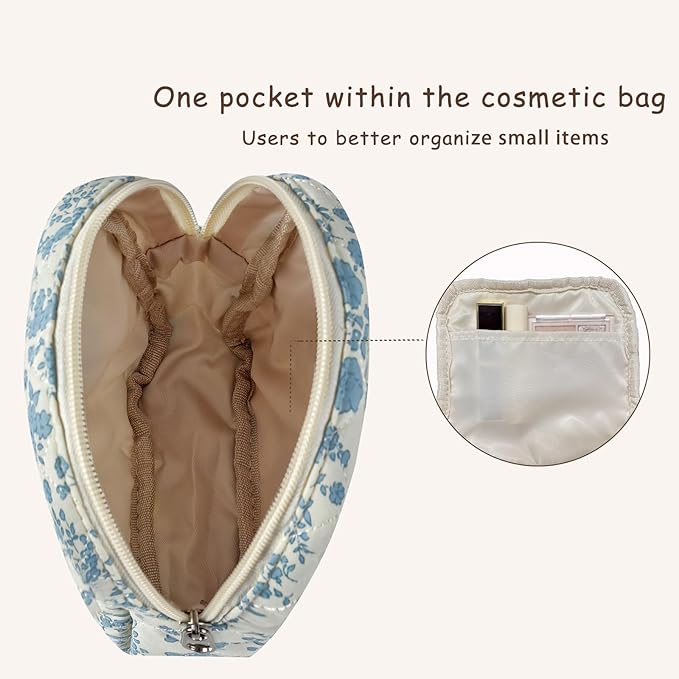 RSRSLEII Small Quilted Cosmetic Pouch for Purse, Mini Cotton Makeup Bag with Compartments, Cute Zipper Lipstick Holder for Women (12Cherry)