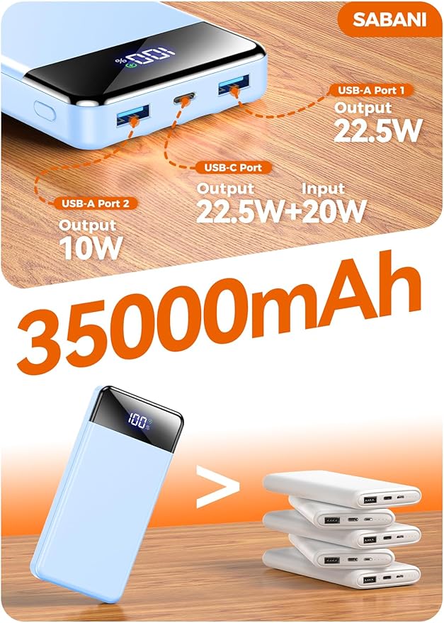 Portable Charger 35000mAh Power Bank - Powerbank with 4 Built in Cables, 22.5W Fast Charging Travel Camping Essential Battery Pack Compatible with iPhone 17 16 15 14 13 Samsung Google, 1 Pack, Azure
