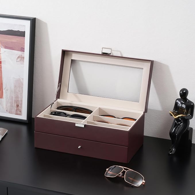ProCase 12 Slots Sunglasses Organizer, 2 Layer Sunglass Case, Leather Eyeglass Cases for Display and Storage -Brown