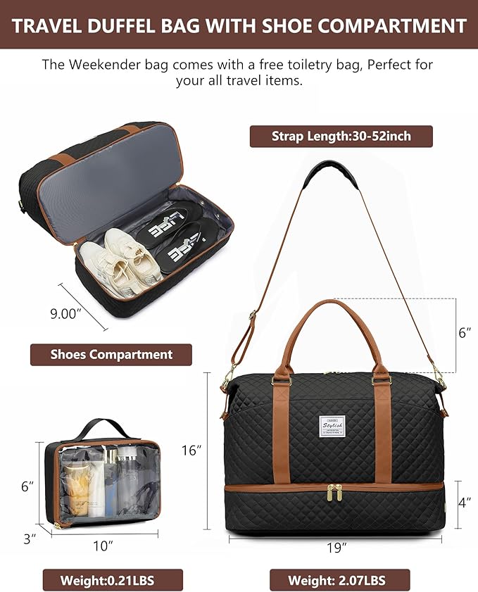 Travel Weekender Bags for Women Duffle - Carry on Overnight Bag with Shoe Compartment & Toiletry Gym Duffel Bags with Wet Pocket Hospital for Labor and Delivery Black Brown