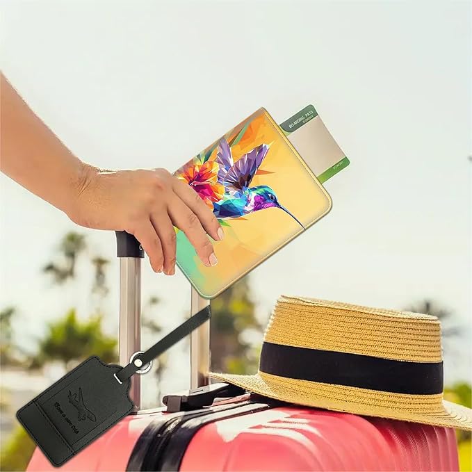 Passport Wallet, Passport Holder with RFID Blocking and Luggage Tag, Waterproof PU Leather Travel Documents Organizer Case, Passport Covers with Card Slot for Women Men,Colorful Hummingbird Abstract