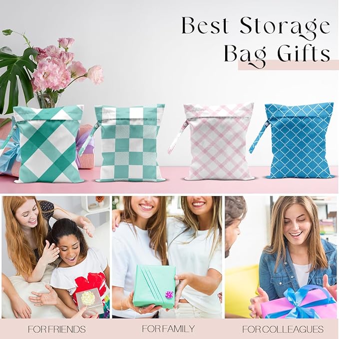 Wet Bag, 4Pcs Wet Dry Bag Set, Reusable Waterproof Bags with Preppy Plaid Prints for Women, Excellent for Beach Outings, Pool Sessions, Travel & Daily Storage