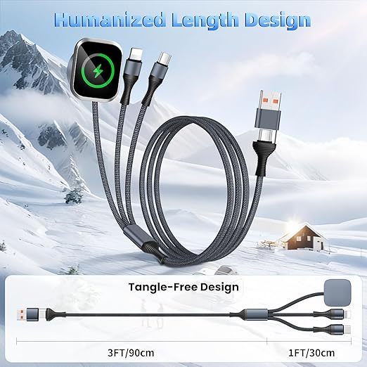 3 in 2 Multi Charging Cable for iWatch Charger/IP/USB C, Travel Cruise Essentials for Car Charger,4FT Nylon Charging Cords USB C/A Phone Charger for iWatch Series/iPhone 17-11/iPad,Home/Office/Car Use