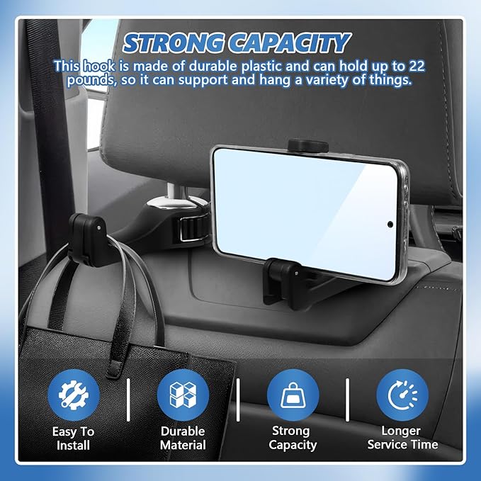 2PCS Car Headrest Hidden Hook, 2 in 1 Car Seat Hook with Phone Holder, Auto Back Seat Hanging Hook for Handbag Clothes Grocery, Universal Vehicle Purse Hooks Holder Organizer (Silver)
