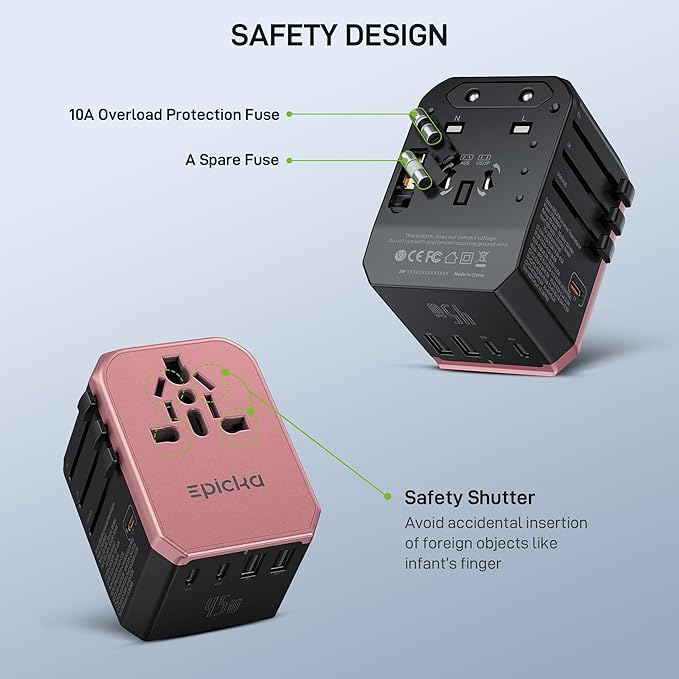 EPICKA Universal Travel Adapter GaN 45W, European Travel Plug Adapter with PD&QC Fast Charging(2 USB-A & 3 USB-C) - Worldwide Travel Essentials, International Power Adapter for UK/US/AU (Rose Gold)