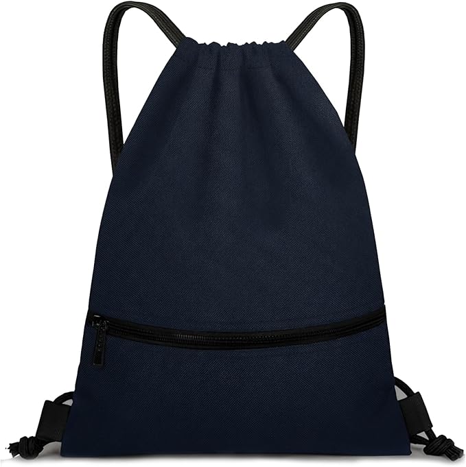 Drawstring Backpack Gym Bag For Men Women String Sports Backpack With 2 Zippered Pocket Large Cinch Sackpack Workout Bag for Gym, Soccer, Basketball, Beach(Navy Blue,16.5 * 19 inches)