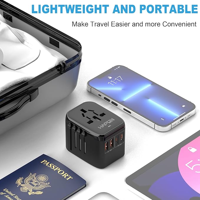 HAPOW Universal Travel Adapter, PD20W International Power Adapter, 2 USB-C & 2 USB-A Fast Charging Travel Charger, All in One Worldwide Travel Plug Adapter, Outlet Adapter for Europe EU UK USA AU