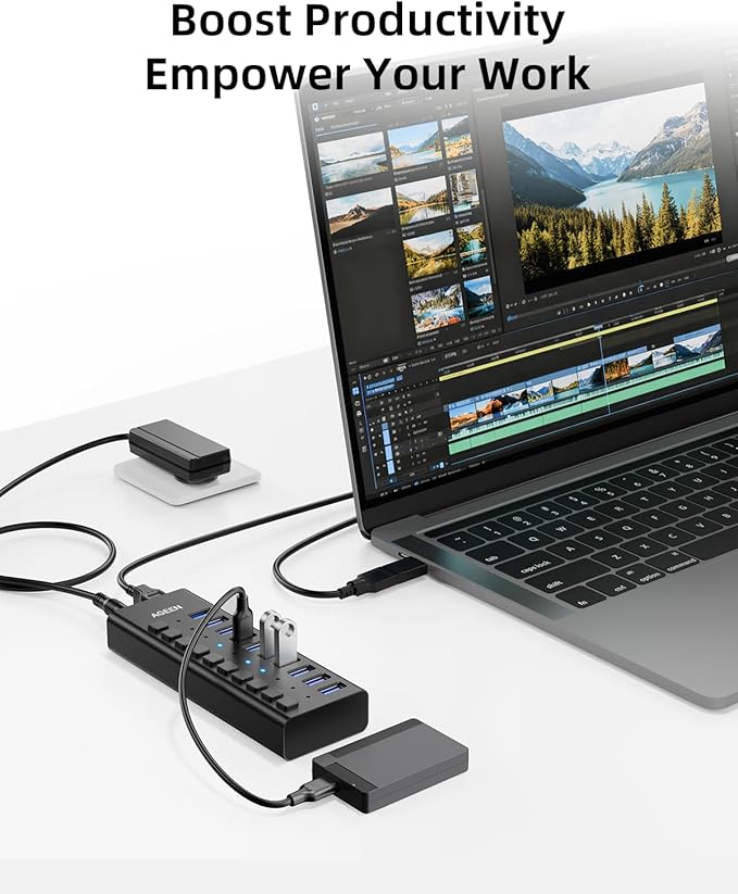 AGEEN 10-Port USB 3.2 Gen 2 Hub, 10Gbps High-Speed Aluminum Powered Hub with 48W Adapter, Individual Switches & Surge Protection for PC/Laptop, Flash Drive, Printer, Camera