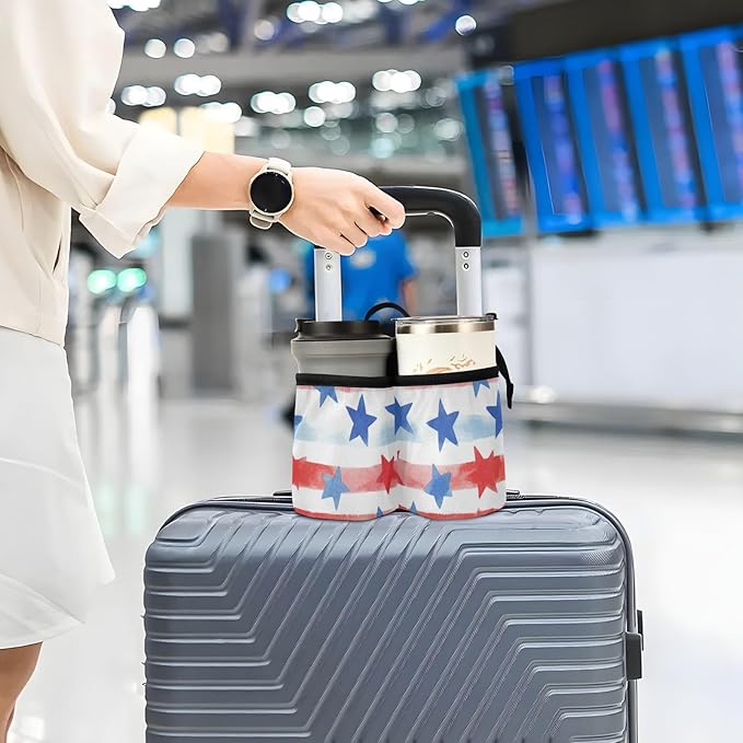 Luggage Cup Holder for Suitcases Free Hands Suitcase Cup Holder Travel Luggage Drink Holder Portable Luggage Cup Caddy Bag Carrier with Handle July 4th Stripes Stars White