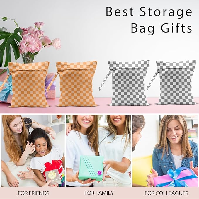 Wet Bag, 4Pcs Wet Dry Bag Set, Reusable Waterproof Bags with Mixed Checkerboard for Women, Ideal for Beach Vacations, Pool Days, Travel & Daily Essentials Storage