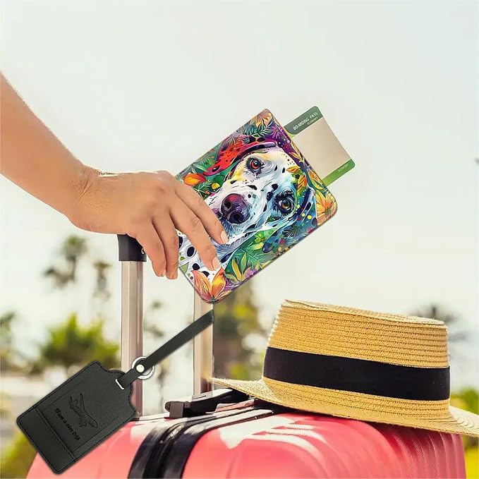 Passport Wallet, Passport Holder with RFID Blocking and Luggage Tag, Waterproof PU Leather Travel Documents Organizer Case, Passport Covers with Card Slot for Women & Men, Dalmatian Dog Floral