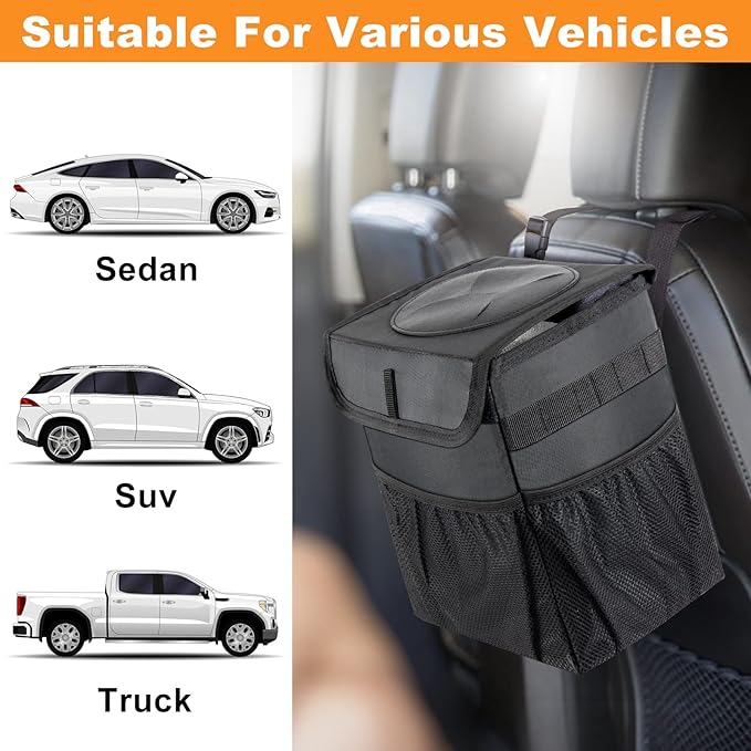 Car Trash Can Foldable Garbage Bin Leakproof 2.3 Gallons Car Trash Bag Black
