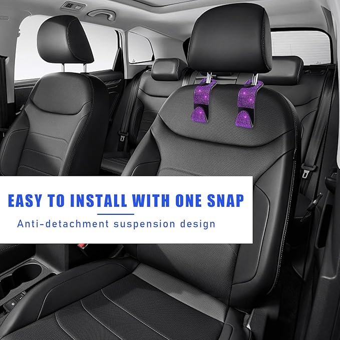 Ohleats 4 PCS Bling Car Seat Headrest Hooks, Crystal Rhinestone Back Seat Hanging Storage Organizer, Vehicle Seat Hanger Holder for Purse Handbag Coat, Interior Car Accessories (Purple)