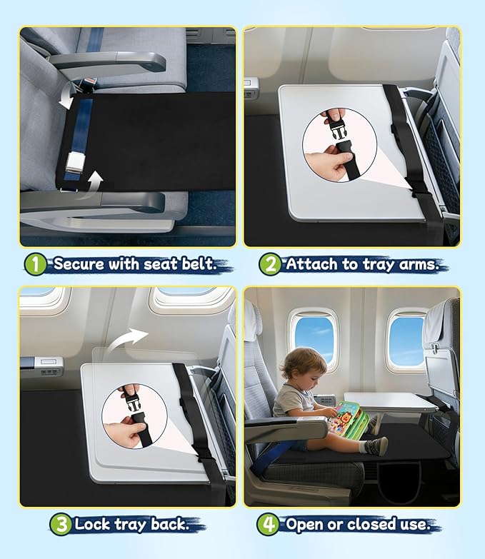 Airplane Bed for Toddler, Airplane Seat Extender for Kids, Travel Kid Bed Flight, Portable Plane Footrest, Soft Velvet Leg Support, Machine Washable, Black