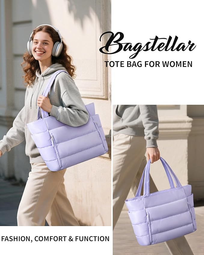 Bagstellar Puffer Tote Bag for Women, Lightweight Puffy Work Handbag Teacher Nurse Quilted Shoulder Bag for School Travel Gym | Cloud Bag w/ Zipper
